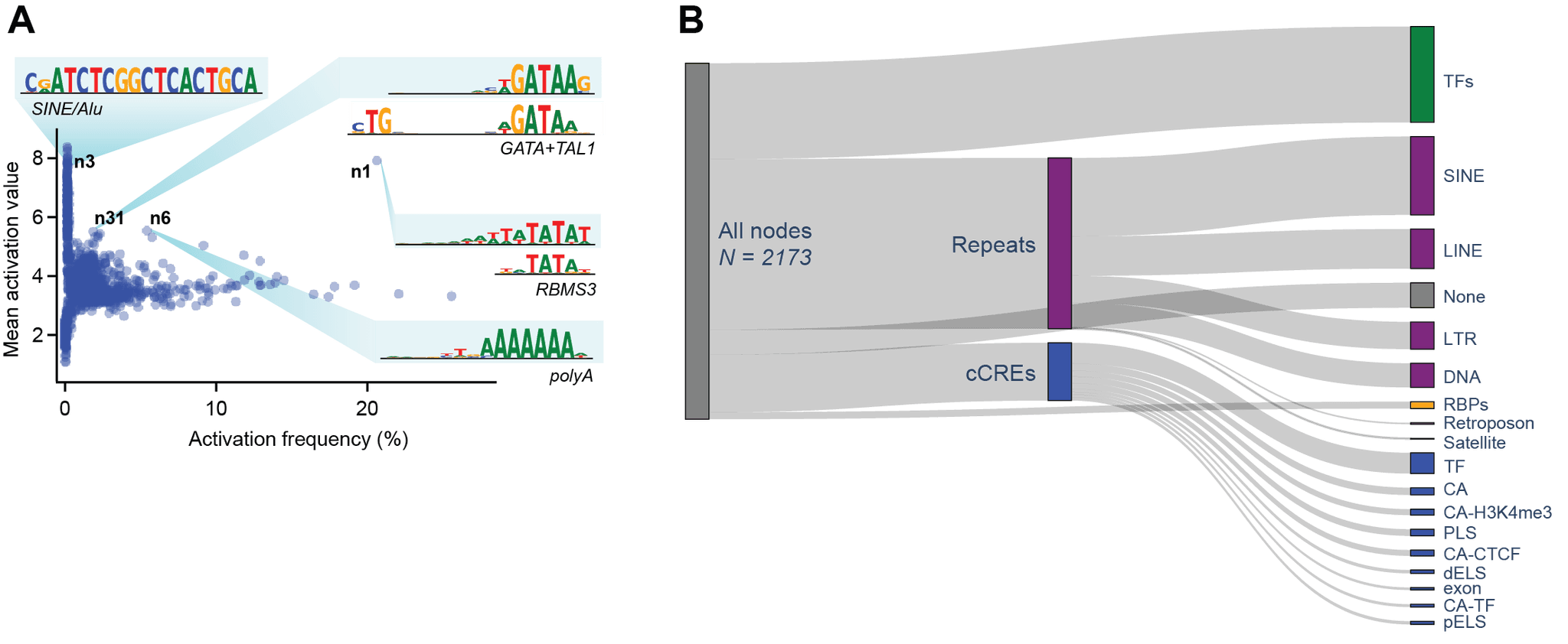 Landscape of SAE-discovered regulatory features showing activation frequency versus mean activation strength, and distribution across biological categories